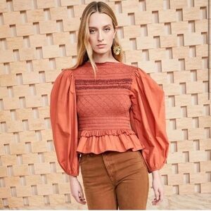 Ulla Johnson - Amelia Puff Sleeve Smocked Blouse - Clay / burnt orange size 4